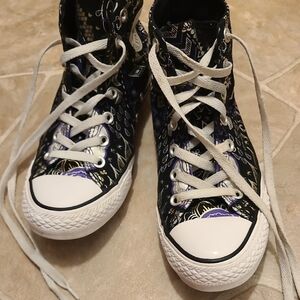 Converse Black and White High-Tops with Purple and Gold Accents